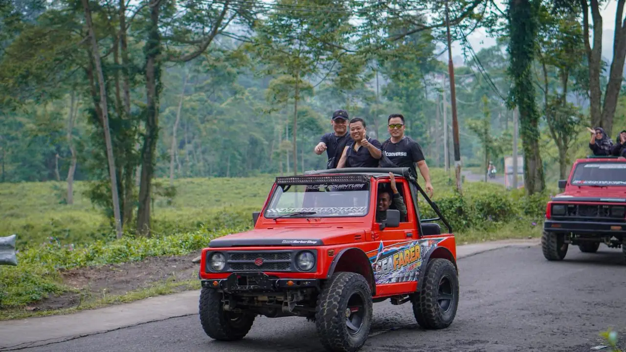 Rombongan jeep merah Jeep Adventure Kemuning menyusuri jalan kebun teh